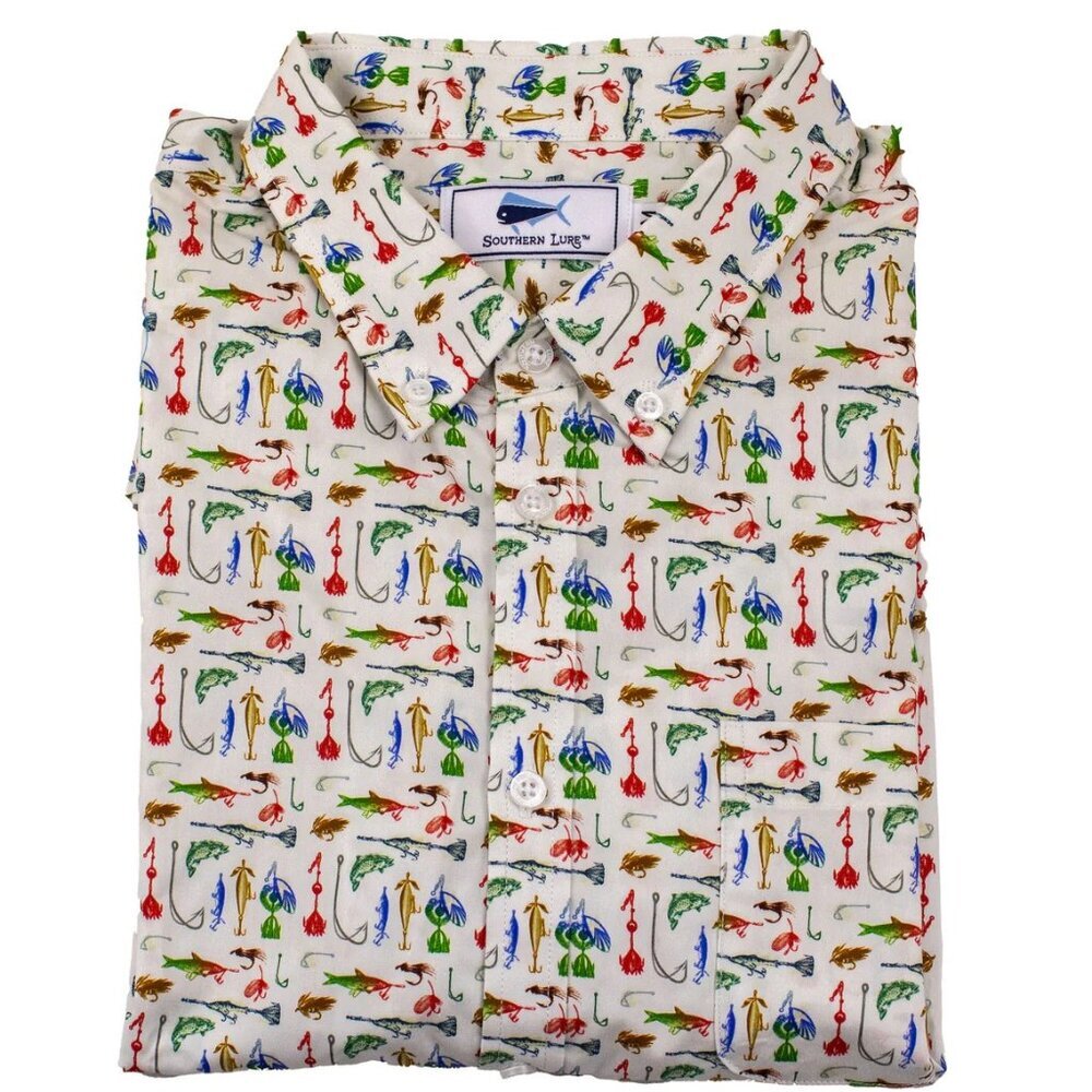 NWOT Southern Lure Short Sleeve Casual Sport Shirt Fish Tackle Box Cotton sz. M